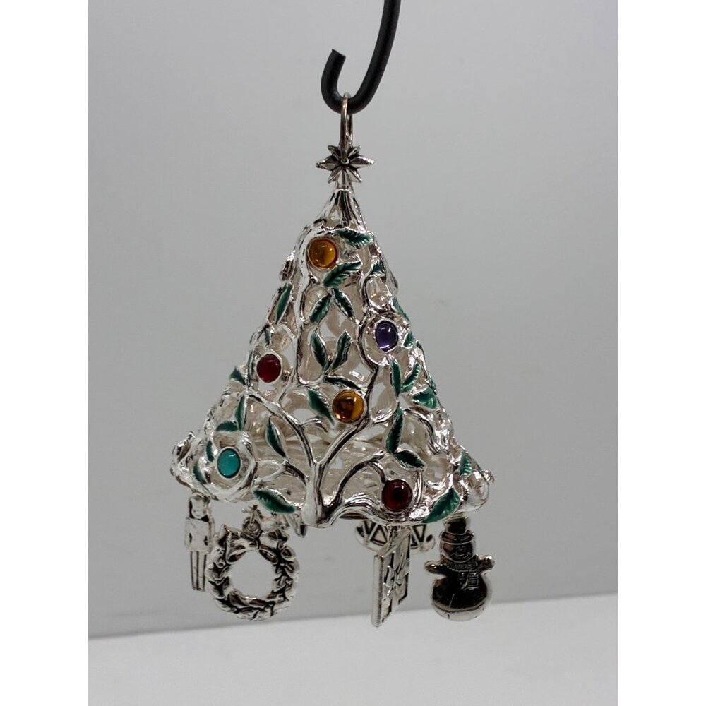 Elegant Lenox Silver Tone Embellished Christmas Tree Ornament With Multicolor Ge